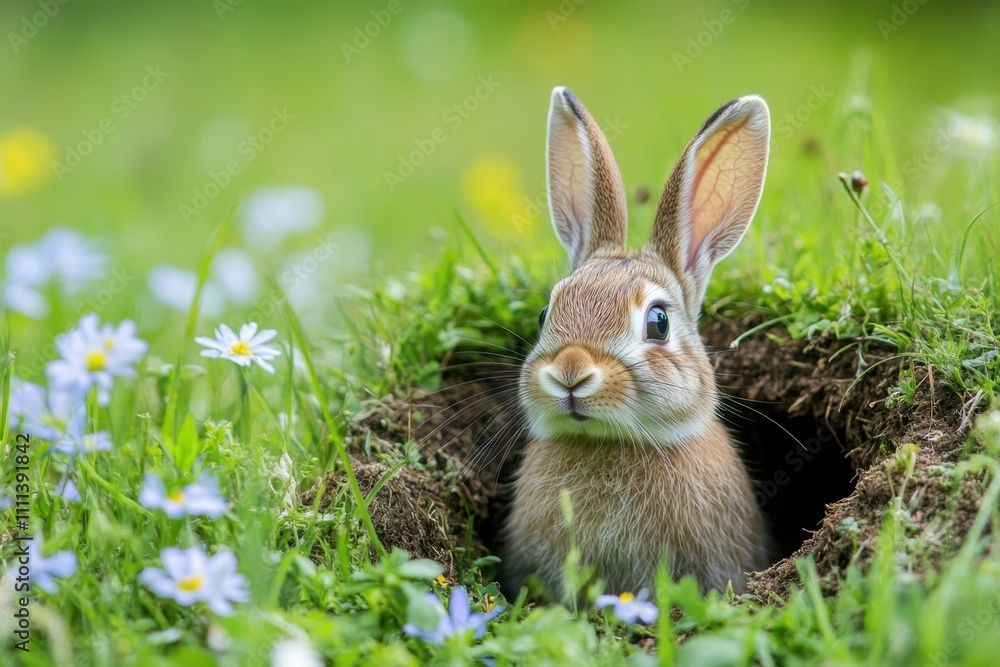 Rabbit peeking out of burrow in flower-filled meadow nature closeup photography spring environment capturing wild life concept with a hole in focus for seo impact Rabbit peeking out of burrow in flower-filled meadow nature closeup photography spring environment capturing wild life concept with a hole in focus for seo impact