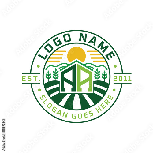 Modern Farmhouse AA Logo Design. Letter AA Agriculture Logo with Sun, Field, and Nature Elements