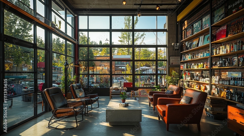 A cozy caf? interior with large windows, bookshelves, and comfortable seating. A cozy caf? interior with large windows, bookshelves, and comfortable seating.