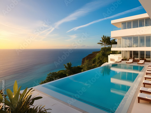 luxury hotel near beautiful ocean sunset with infinity pool  vacation and holiday concept 