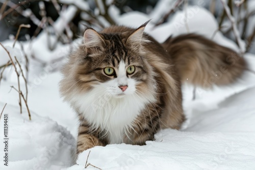 A pretty young Norwegian Forest Cat hunting in the snow