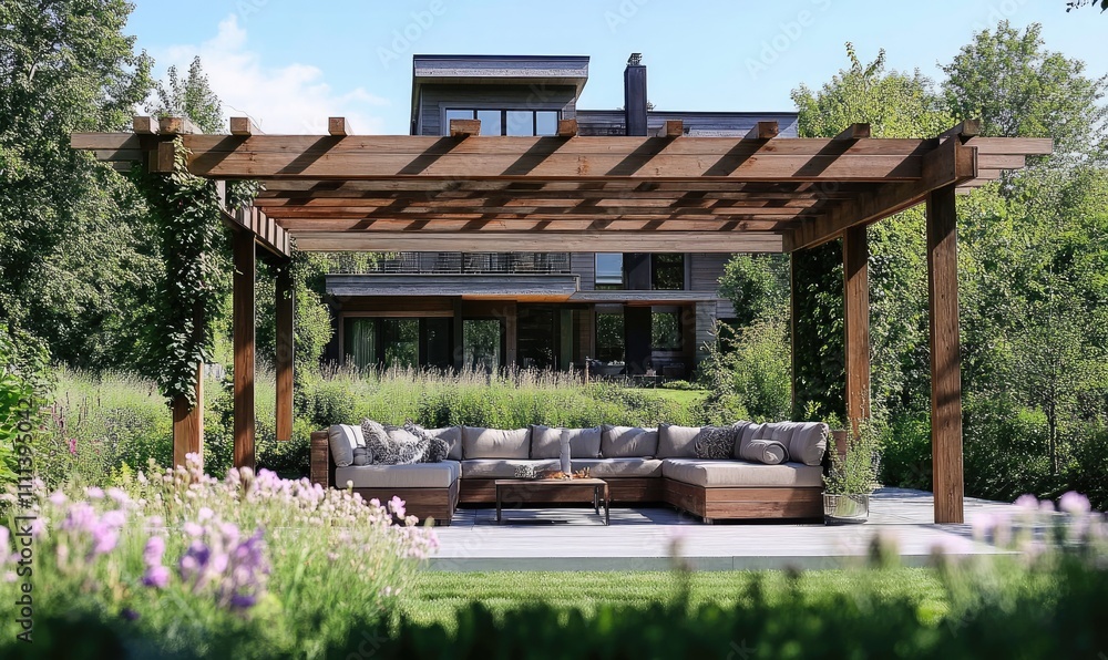 a wooden pergola in the garden, surrounded by greenery and flowers with sofas under it, with a modern house behind.