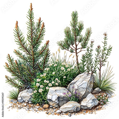 Watercolor illustration of alpine plants and rocks, showcasing diverse flora in a rocky environment. photo