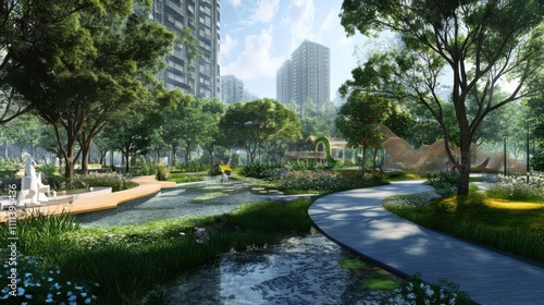 An artistic perspective of a landscape architect designing sustainable urban parks with interactive art installations and green infrastructure, Urban park design scene, Ecological integration style