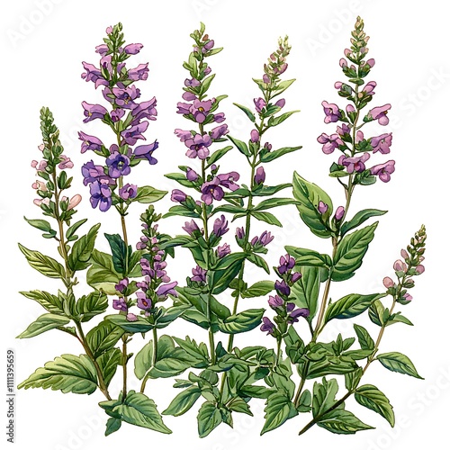 Wallpaper Mural A cluster of purple wildflowers with green leaves, botanical illustration. Torontodigital.ca