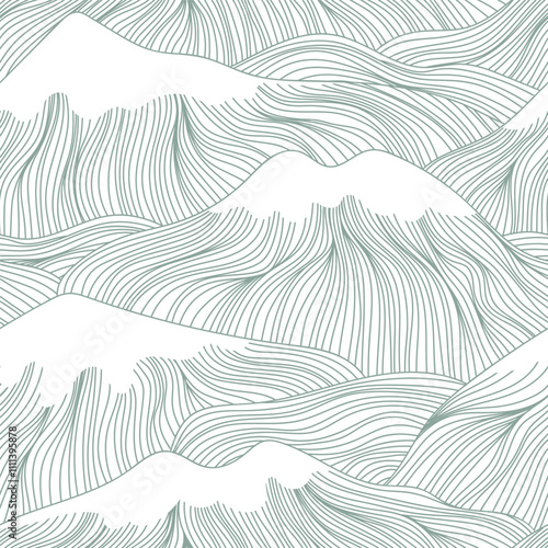 Abstract seamless pattern featuring a minimalist illustration of mountain ranges. The mountains are rendered in a simple, linear style, with a focus on their shape and form in muted green color