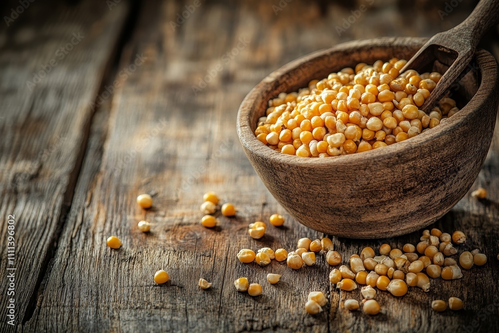 Close-up of Yellow Corn Kernels in a Rustic Wooden Bowl on a Weathered Wooden Surface, Highlighting the Natural Texture of the Ingredients Close-up of Yellow Corn Kernels in a Rustic Wooden Bowl on a Weathered Wooden Surface, Highlighting the Natural Texture of the Ingredients