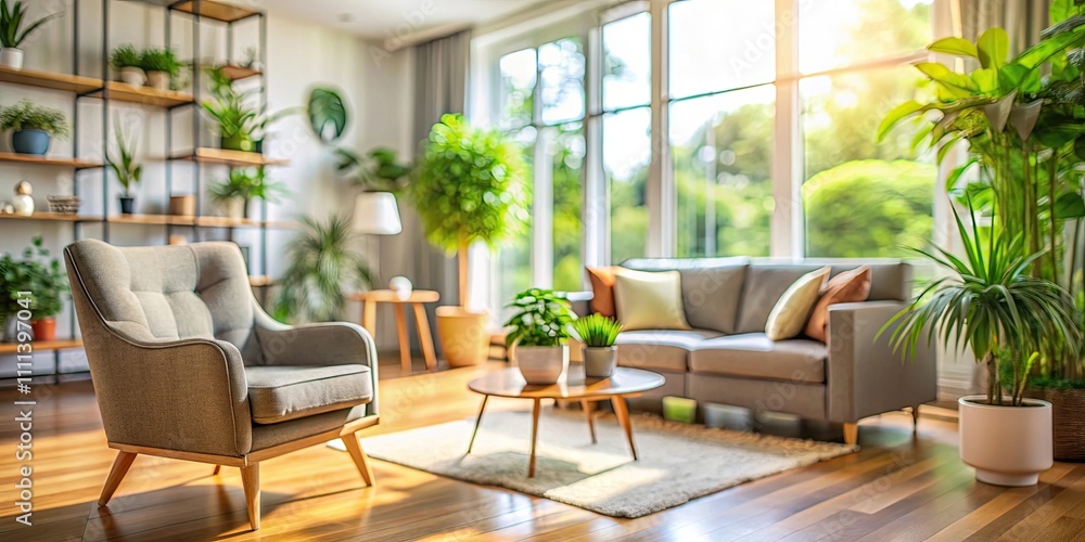 Fototapeta premium Blurred stylish living room with armchair, sofa, and plants, interior, design, home, decor, cozy, comfortable, modern