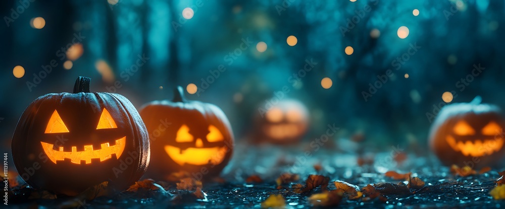 Lit jack-o-lanterns with glowing eyes in a dark, foggy forest. Lit jack-o-lanterns with glowing eyes in a dark, foggy forest.