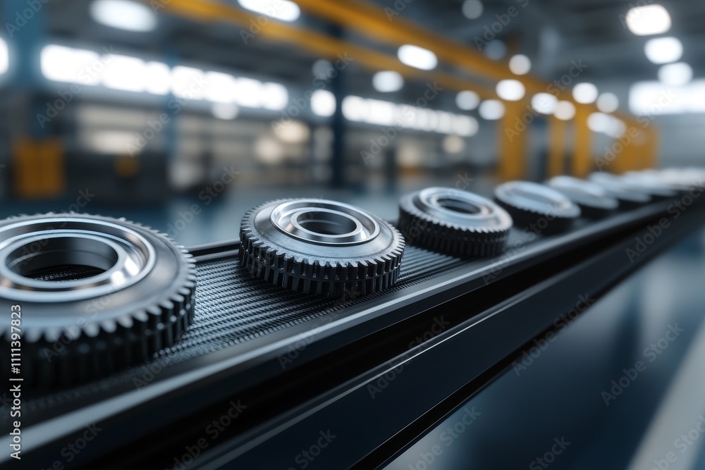 Close-Up View of Metal Gears on a Conveyor Belt in a Modern Industrial Production Facility, Highlighting Precision Engineering and Manufacturing Processes Close-Up View of Metal Gears on a Conveyor Belt in a Modern Industrial Production Facility, Highlighting Precision Engineering and Manufacturing Processes