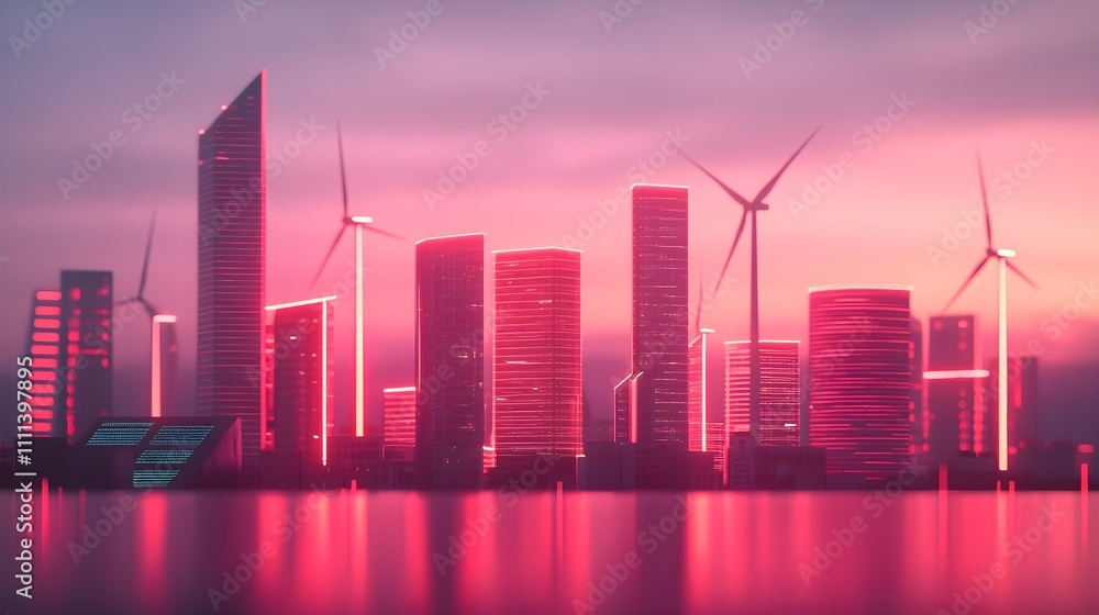 Pink Neon Cityscape with Wind Turbines Pink Neon Cityscape with Wind Turbines