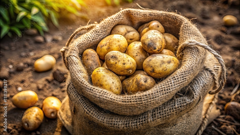 Early harvested potatoes packed in a traditional jute sack , agriculture, fresh produce, organic farming Early harvested potatoes packed in a traditional jute sack , agriculture, fresh produce, organic farming