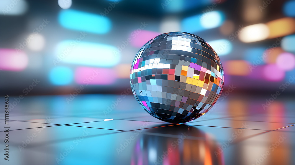 Vibrant disco ball rotation dance floor 3d rendering nightclub eye-level colorful reflection play Vibrant disco ball rotation dance floor 3d rendering nightclub eye-level colorful reflection play
