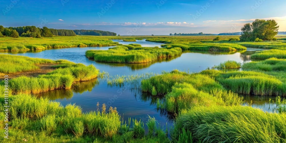 Lush overgrown meadow in a freshwater river delta estuary, overgrown, tall grass, meadow, bushes, shrubs, muddy soil Lush overgrown meadow in a freshwater river delta estuary, overgrown, tall grass, meadow, bushes, shrubs, muddy soil