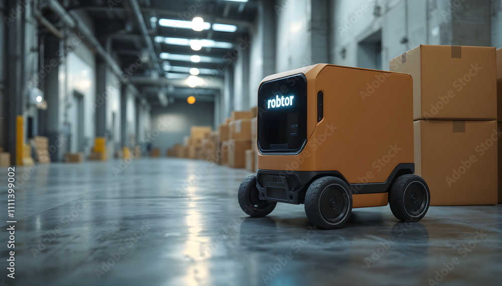 Naklejka premium Delivery robot transports cardboard boxes in large warehouse environment