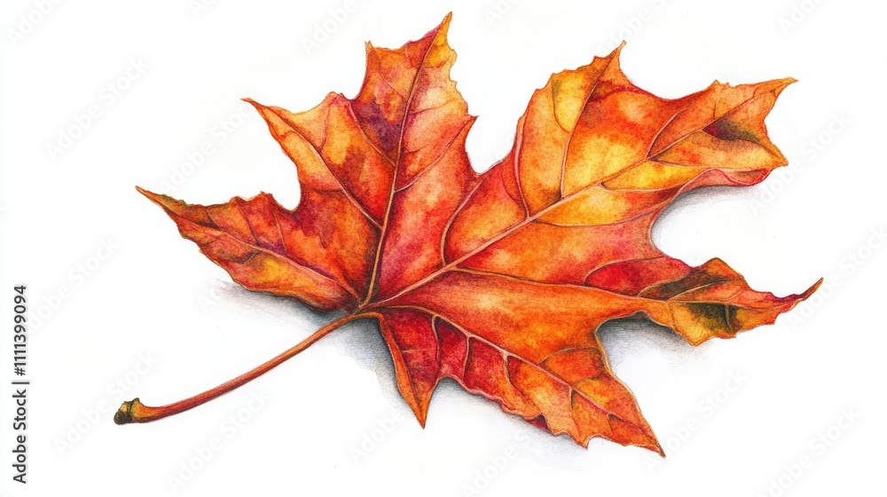 Fototapeta premium A vibrant orange maple leaf in watercolor style, featuring natural textures and gentle shading, isolated on white
