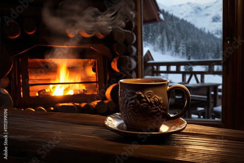 Wallpaper Mural Ski Lodge Warmth: Photograph a hot beverage in a ski village lodge surrounded by snow. Torontodigital.ca