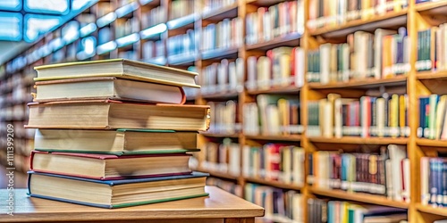 Closeup of a stack of books at a local library, a resource for families to gather and learn together, library, books