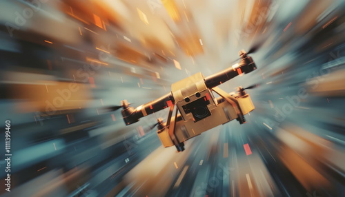 Drone delivery logistics dynamic urban aerial footage of cardboard box operations
