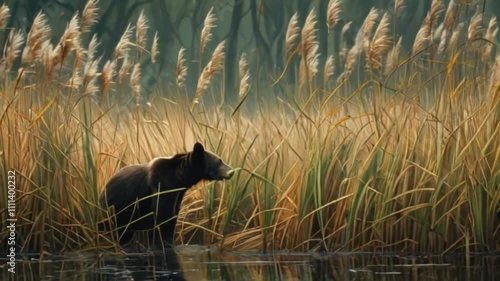 Animation of Hidden Wildlife in Reeds. Creatures moving quietly among the reed grass, their hidden presence enhancing the serene wildlife atmosphere. Smooth motion. photo