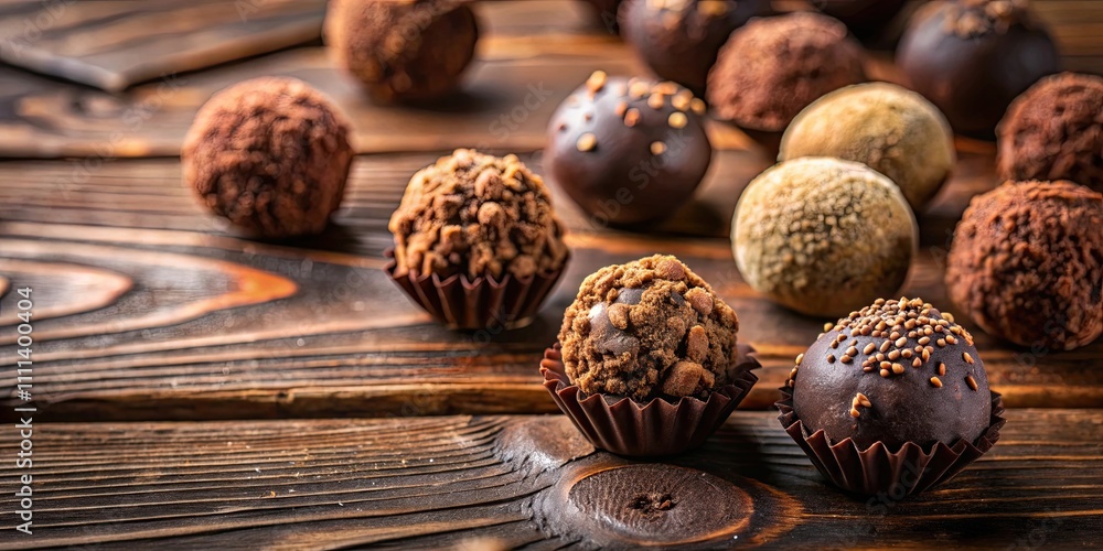 Closeup view of homemade dark chocolate truffles on wooden background, dark chocolate, truffles, homemade, candy, sweets Closeup view of homemade dark chocolate truffles on wooden background, dark chocolate, truffles, homemade, candy, sweets