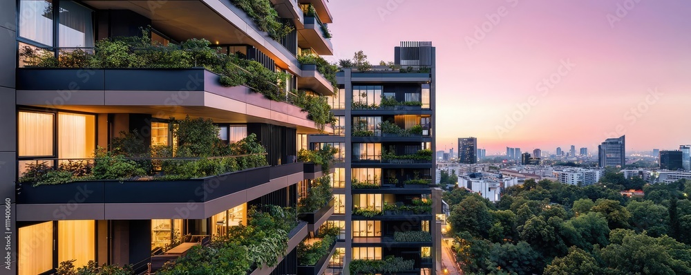 Obraz premium Modern apartment building with greenery against a colorful sunset sky.
