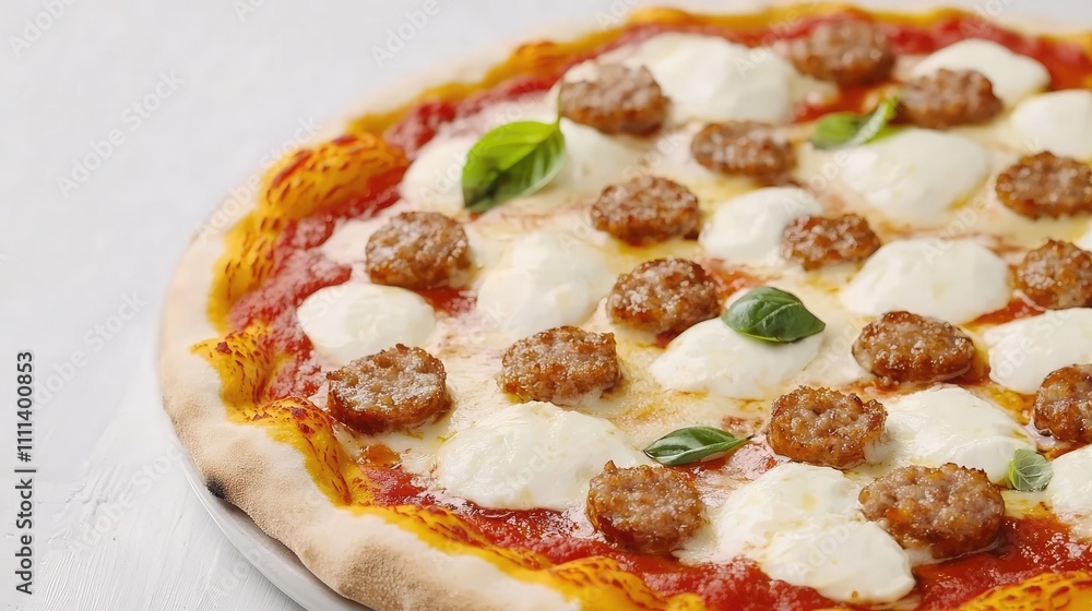 Delicious pizza topped with sausage, cheese, and fresh basil on a white background. Delicious pizza topped with sausage, cheese, and fresh basil on a white background.