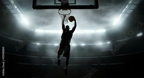 Basketball player slam dunking ball｜バスケットボール選手がボールをスラムダンク、シルエット