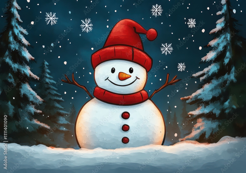 Fototapeta premium Cheerful Snowman with Red Hat in Snowy Landscape with Pine Trees and Snowflakes