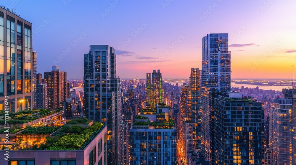 Fototapeta premium Skyline view of modern buildings at sunset with vibrant colors and greenery.