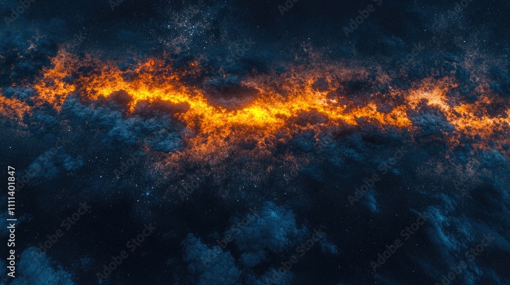 Fototapeta premium Starry Night Sky and Sunset Aerial View Above the Clouds with Dark Blue and Orange Tones and the Milky Way Galaxy