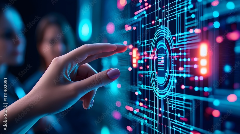 Woman's Hand Interacting with Futuristic Technology Interface Woman's Hand Interacting with Futuristic Technology Interface