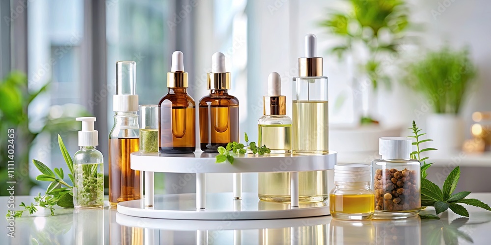 Skincare products and essential oil aromatherapy showcased on glass pedestal in modern lab setting Skincare products and essential oil aromatherapy showcased on glass pedestal in modern lab setting