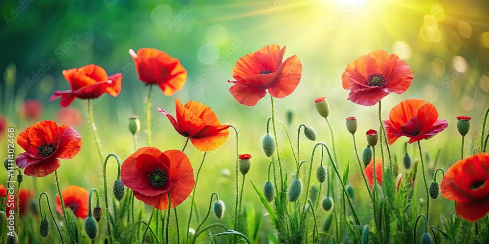 Obraz premium Vibrant red poppies standing out in lush green grass, nature, flowers, beauty, colorful, vibrant, contrast, peaceful, meadow