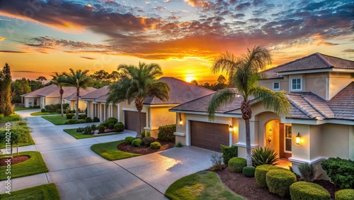 Upscale private homes in a low-density residential cul-de-sac at sunset outside of Sarasota, Florida , luxury, suburban