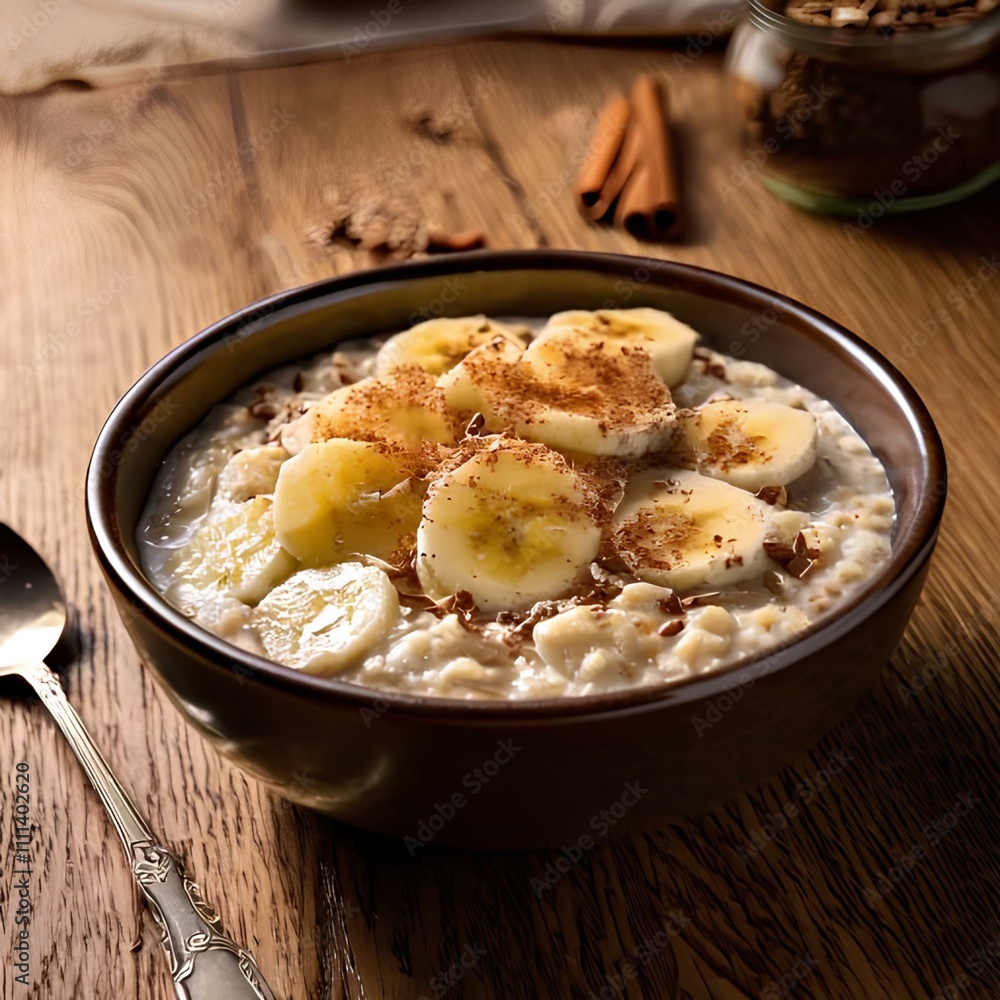 Close-Up of Creamy Oatmeal with Bananas, Flaxseeds, and Cinnamon in Rustic Ceramic Bowl
Close-Up of Creamy Oatmeal with Bananas, Flaxseeds, and Cinnamon in Rustic Ceramic Bowl