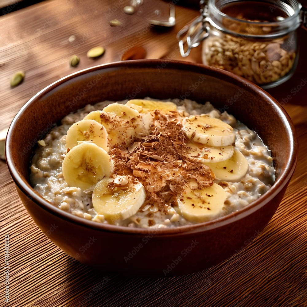 Close-Up of Creamy Oatmeal with Bananas, Flaxseeds, and Cinnamon in Rustic Ceramic Bowl
Close-Up of Creamy Oatmeal with Bananas, Flaxseeds, and Cinnamon in Rustic Ceramic Bowl