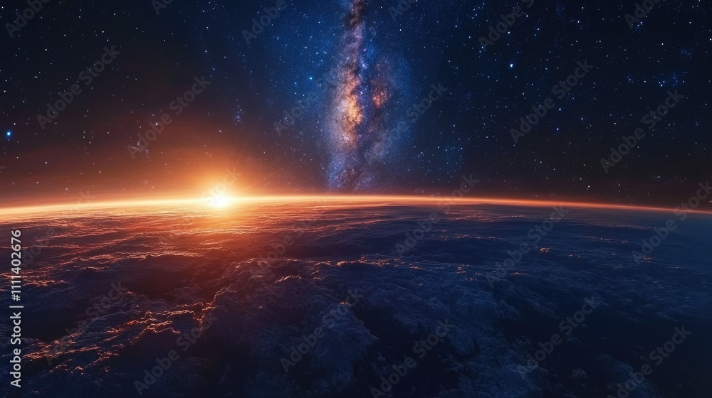 Starry Night Sky with the Milky Way Galaxy and a Blue-Orange Sunset Above the Horizon from High Altitude Starry Night Sky with the Milky Way Galaxy and a Blue-Orange Sunset Above the Horizon from High Altitude