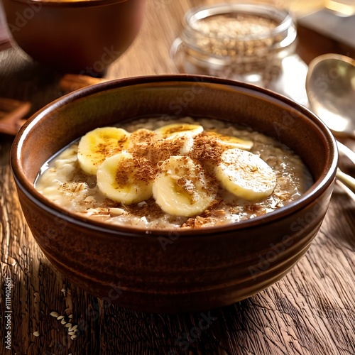 Close-Up of Creamy Oatmeal with Bananas, Flaxseeds, and Cinnamon in Rustic Ceramic Bowl