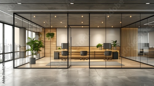 Contemporary office interior with glass partitions