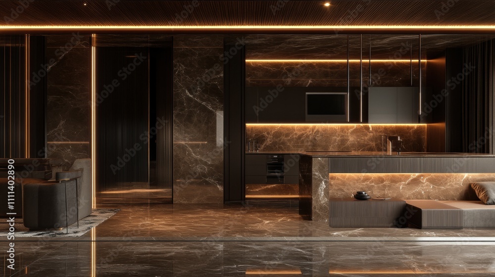 Elegant Modern Interior Design Featuring Luxurious Marble with Warm Accent Lighting, Showcasing a Contemporary Kitchen and Living Area in a Chic Atmosphere Elegant Modern Interior Design Featuring Luxurious Marble with Warm Accent Lighting, Showcasing a Contemporary Kitchen and Living Area in a Chic Atmosphere