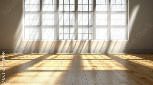 Bright and Spacious Empty Room with Large Windows Casting Soft Shadows on Wooden Floor  Ideal for Interior Design or Photography Projects