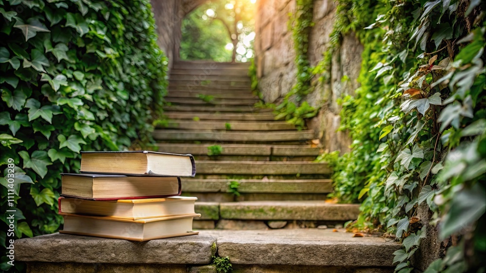 Books stacked on stone stairs in ivy-covered setting, pile, books, stone, stairway, ivy, foliage, literature, education Books stacked on stone stairs in ivy-covered setting, pile, books, stone, stairway, ivy, foliage, literature, education