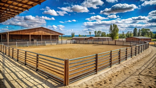 Tranquil western horse training corral stable with sandy arena, wooden fences, and empty stalls, rustic, western, horse, training photo