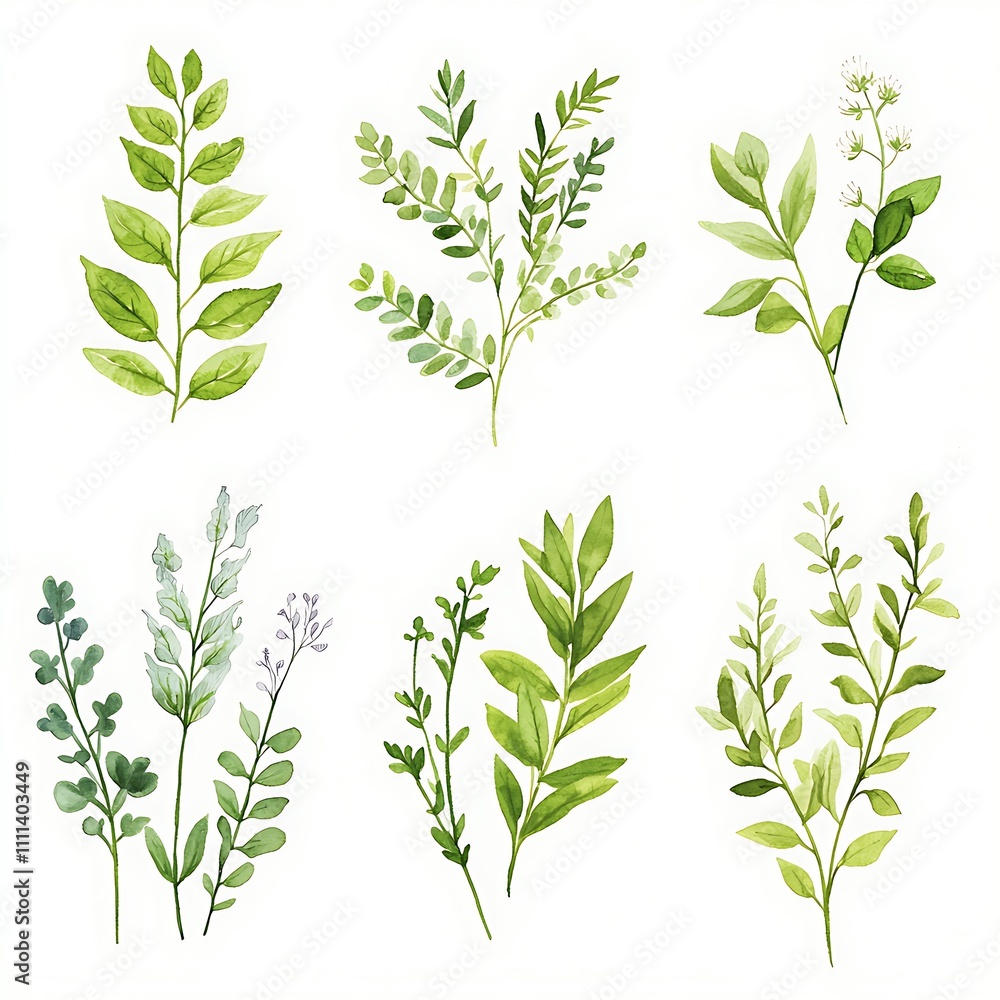 Watercolor Illustration of Six Different Green Botanical Branches Isolated on White Background. Watercolor Illustration of Six Different Green Botanical Branches Isolated on White Background.