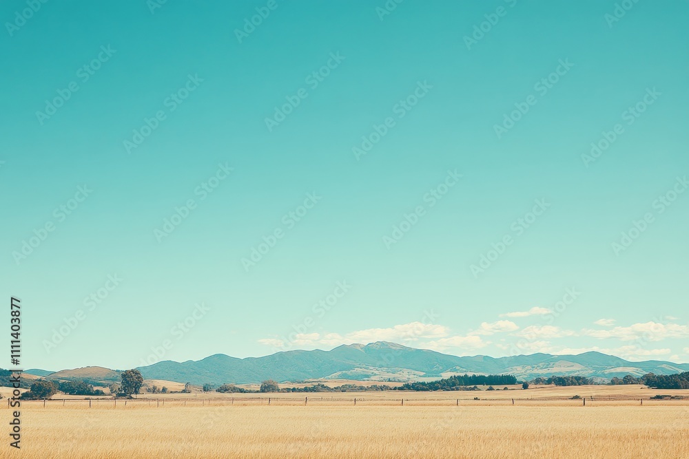 Fototapeta premium Expansive Golden Fields Under a Clear Blue Sky with Gentle Rolling Hills in the Distance, Perfect for Nature and Landscape Photography Enthusiasts