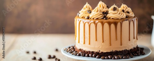 Mocha-flavored cake with golden drip icing and sugared coffee beans, luxury desserts, refined and unique indulgence photo