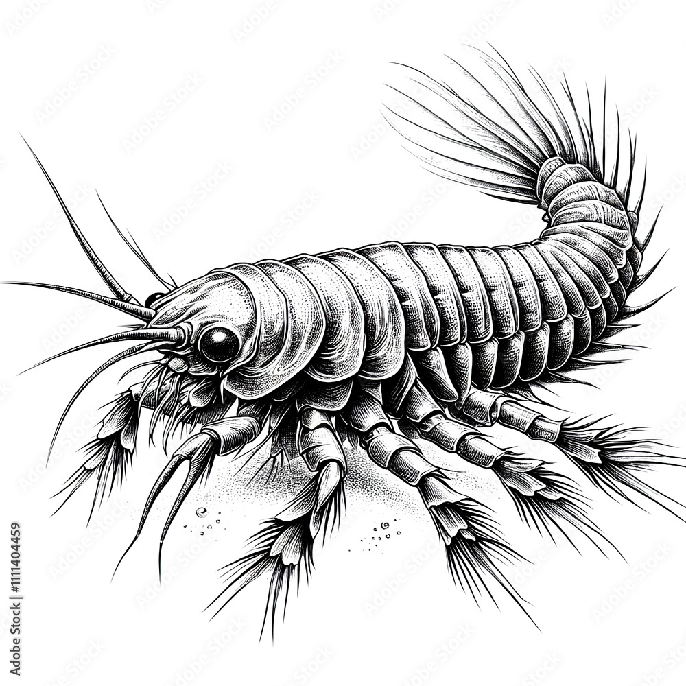 a silverfish nymph sketch engraving. White background. a silverfish nymph sketch engraving. White background.
