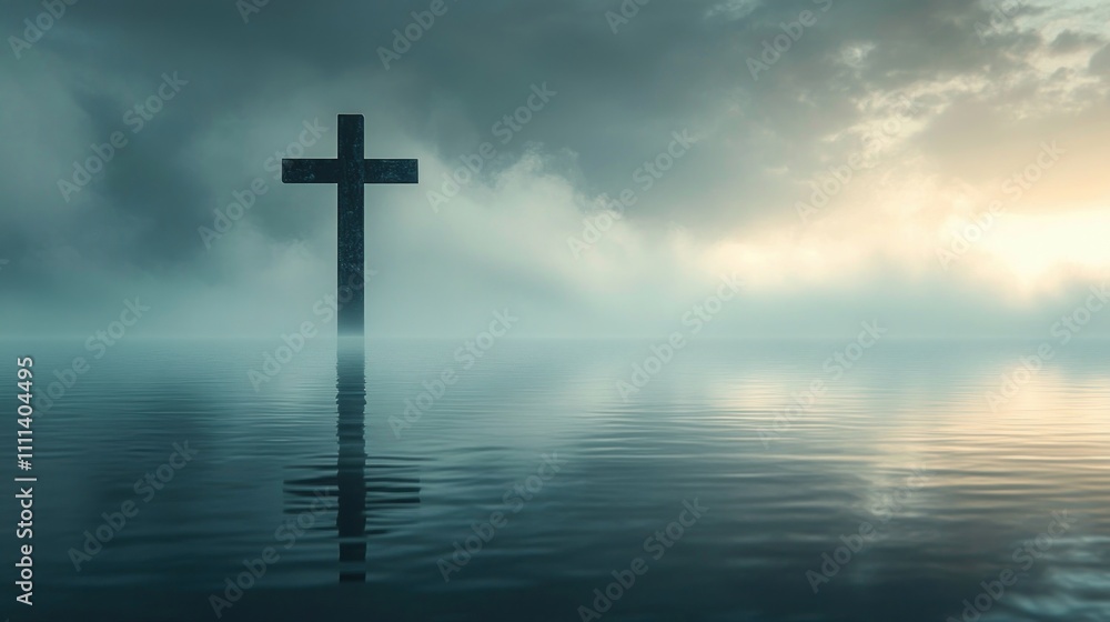 Serene Cross Reflection in Tranquil Water at Dawn Serene Cross Reflection in Tranquil Water at Dawn