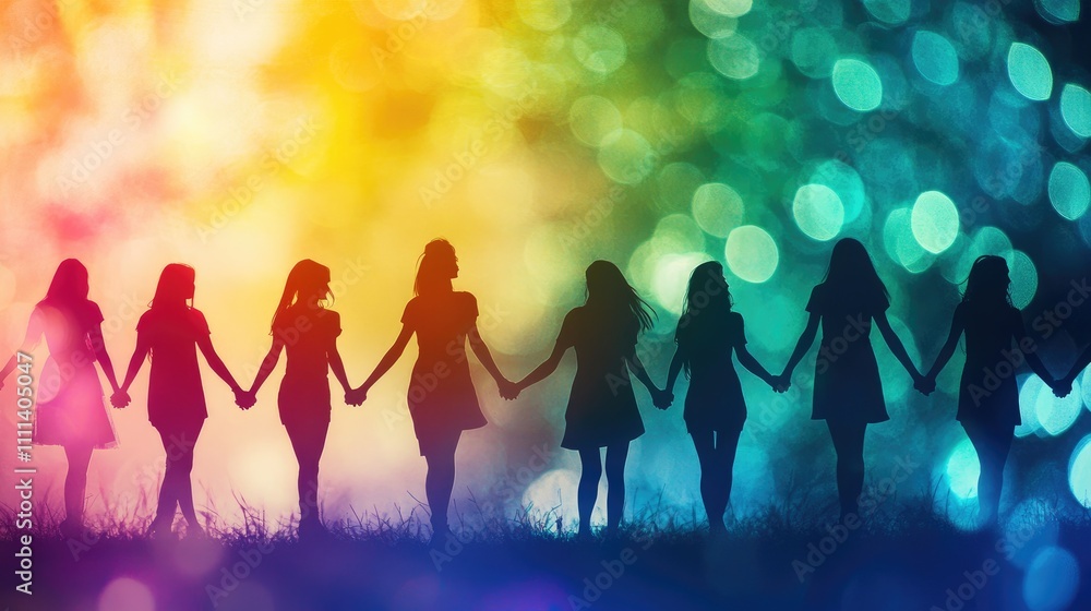 Double Exposure of Silhouette Figures Holding Hands, Symbolizing Friendship and Unity with Bright Colors and Bokeh Effect Double Exposure of Silhouette Figures Holding Hands, Symbolizing Friendship and Unity with Bright Colors and Bokeh Effect
